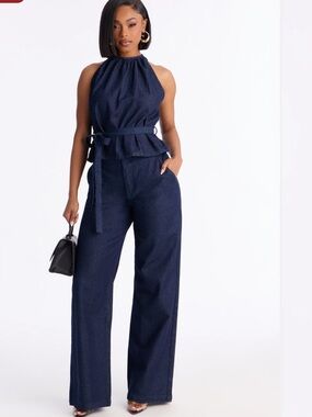 Fashion Nova Navy Halter Jumpsuit with Tie Waist